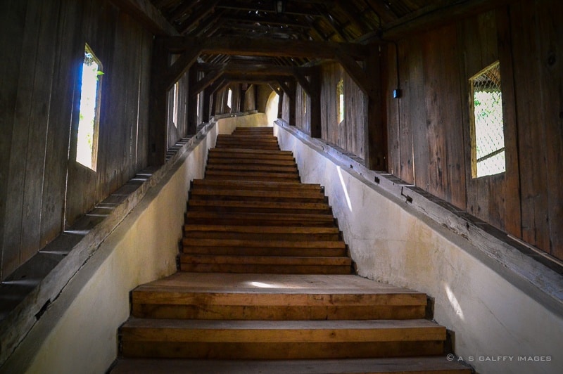 view of the covered staircase leading to the fortified church of Biertan