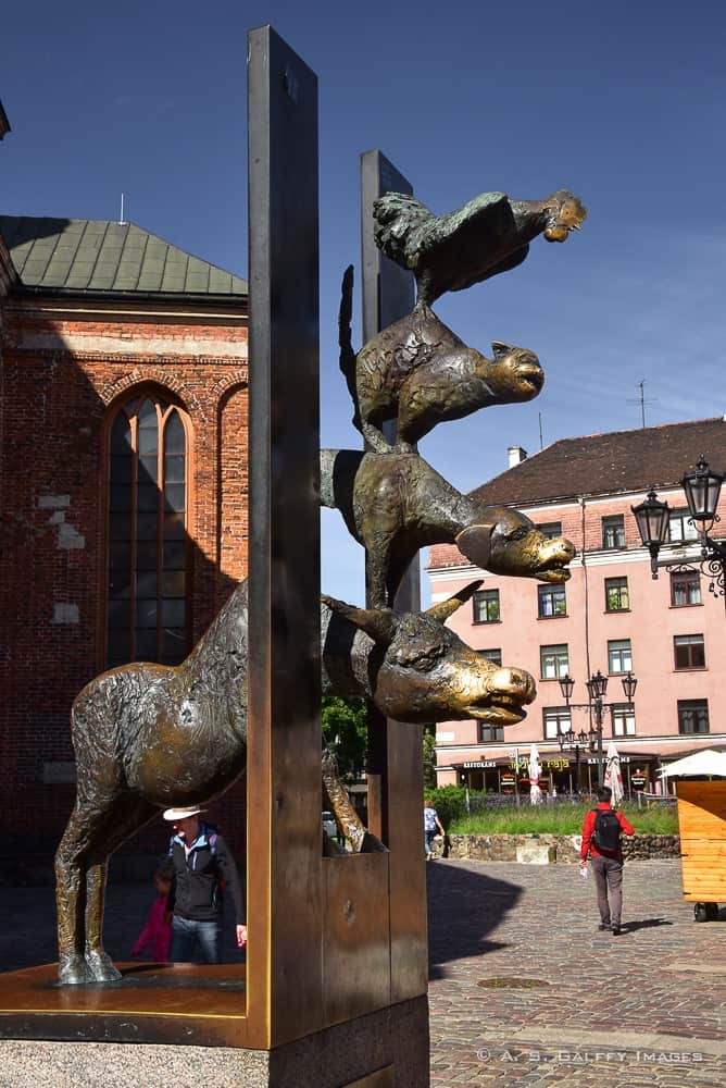 The Musicians of Bremen statue in Old Town Riga The Musicians of Bremen statue in Old Town Riga