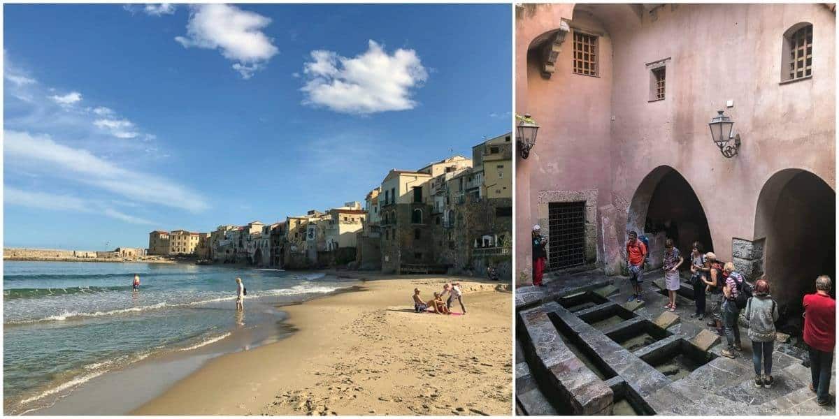 View of the beach in Cefalu and the Lavatoio Medievale