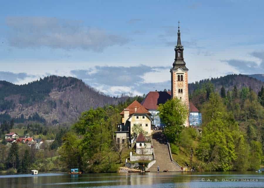 View of the steps in front of the Church of the Assumption on Bled Island